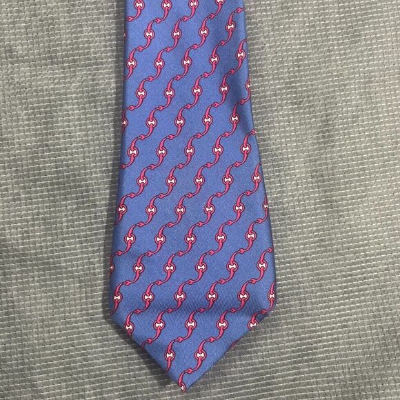 Authentic Hermes Paris Blue & Red Chain Link 100% Silk Necktie France 3.5" x 55" - Picture 1 of 12